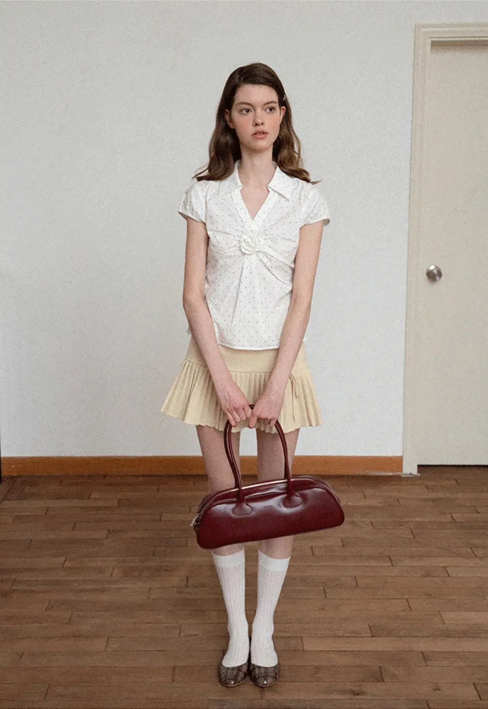 Pleated Front Detail Short Sleeve Collared Shirt