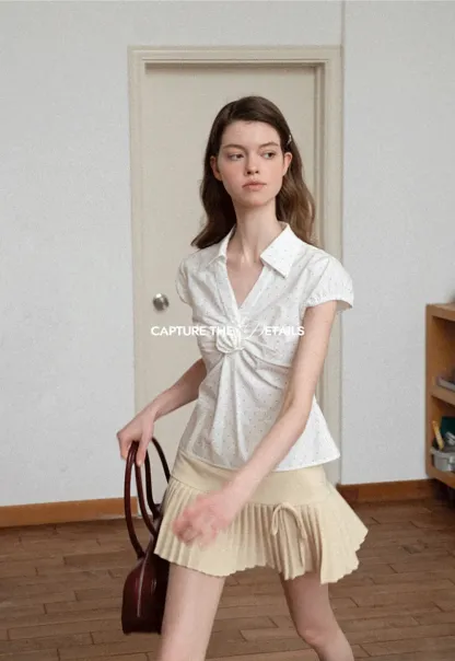 Pleated Front Detail Short Sleeve Collared Shirt