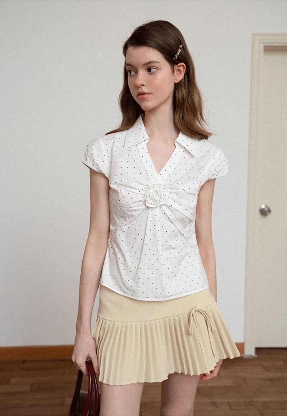 Pleated Front Detail Short Sleeve Collared Shirt
