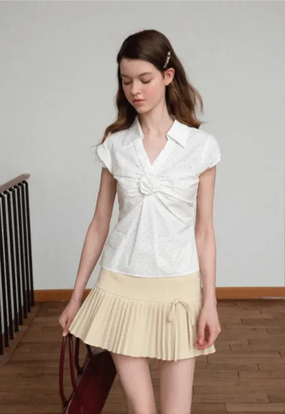 Pleated Front Detail Short Sleeve Collared Shirt