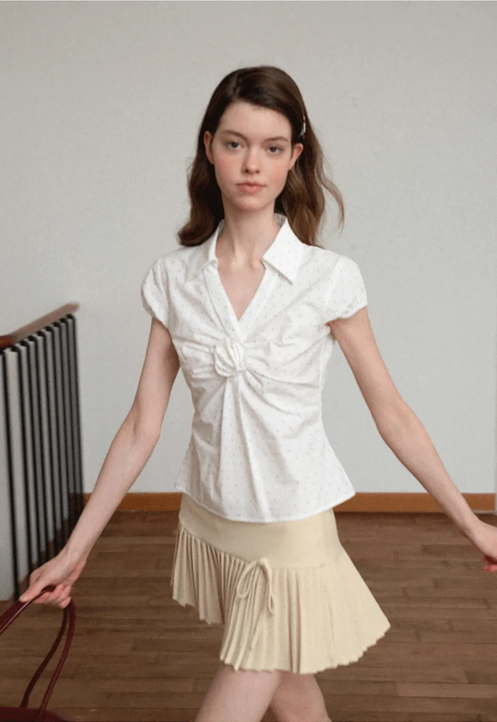 Pleated Front Detail Short Sleeve Collared Shirt