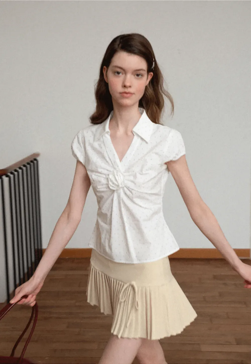 Pleated Front Detail Short Sleeve Collared Shirt