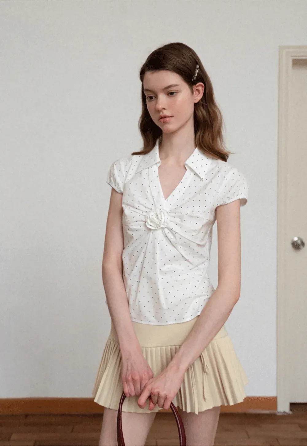 Pleated Front Detail Short Sleeve Collared Shirt