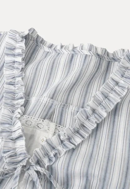 Striped short sleeve blouse with ruffled V neck