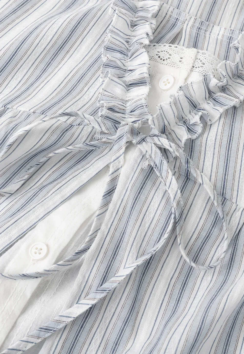 Striped short sleeve blouse with ruffled V neck