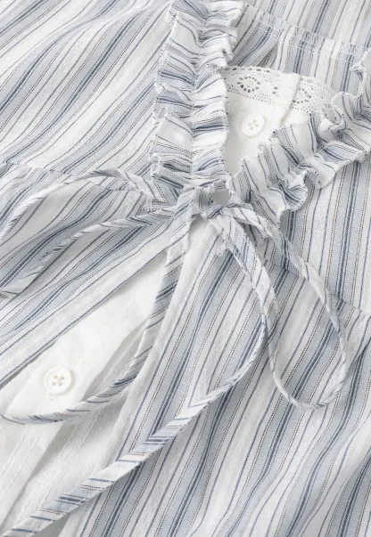 Striped short sleeve blouse with ruffled V neck