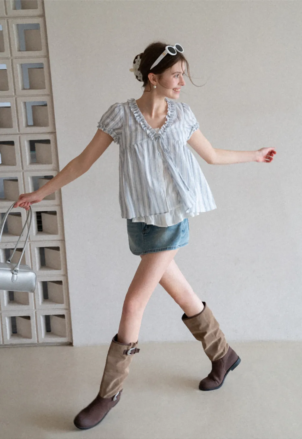 Striped short sleeve blouse with ruffled V neck