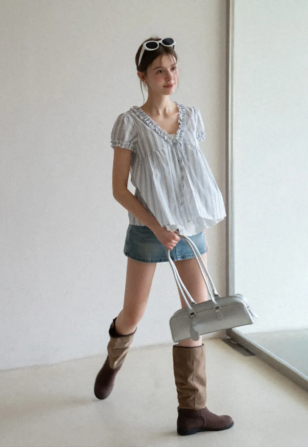 Striped short sleeve blouse with ruffled V neck