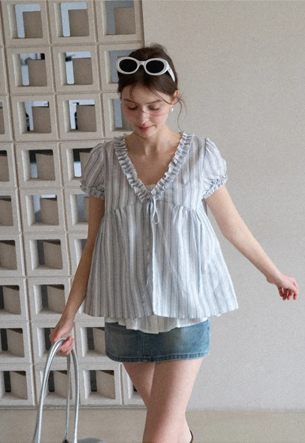 Striped short sleeve blouse with ruffled V neck
