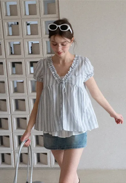 Striped short sleeve blouse with ruffled V neck