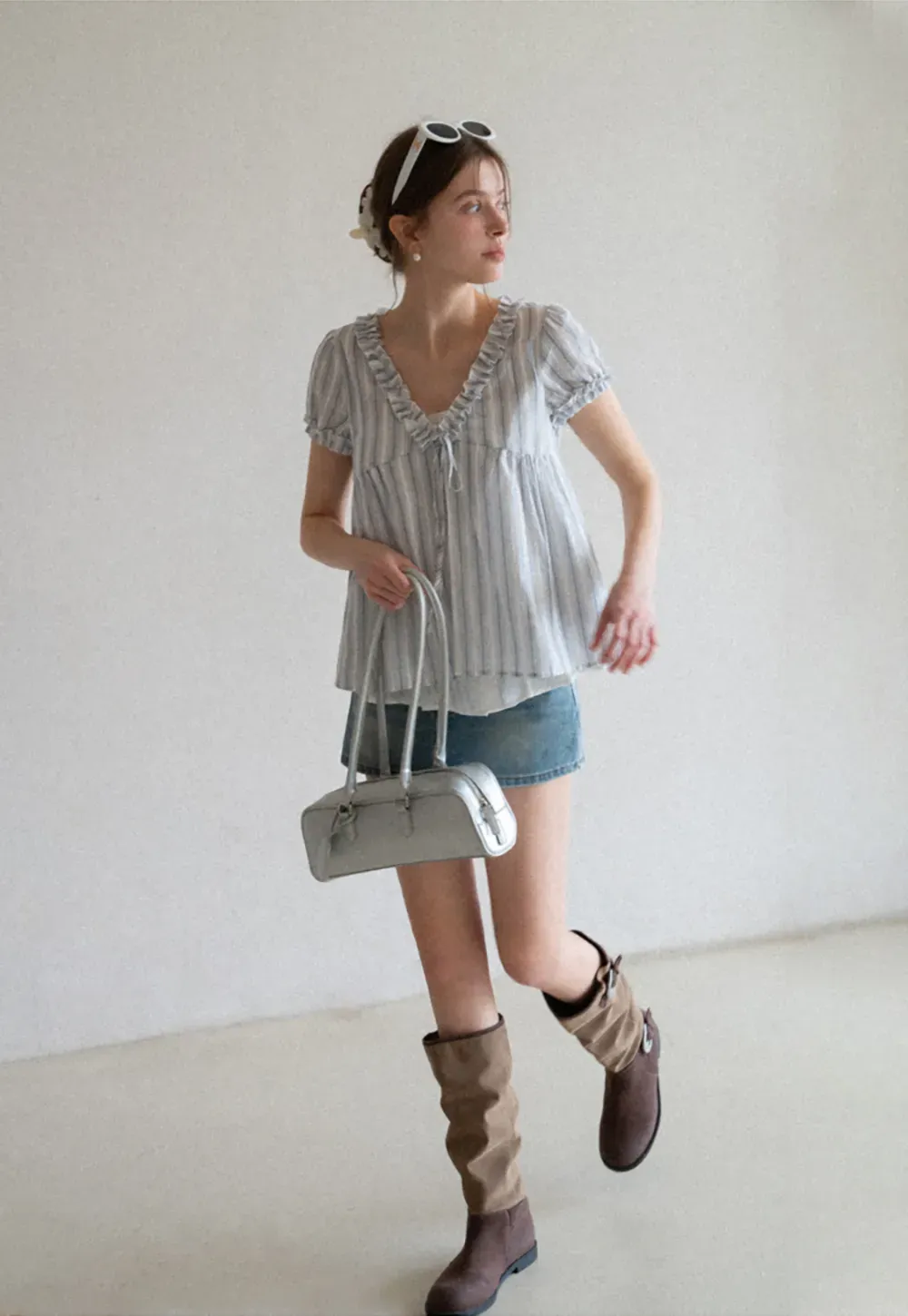 Striped short sleeve blouse with ruffled V neck