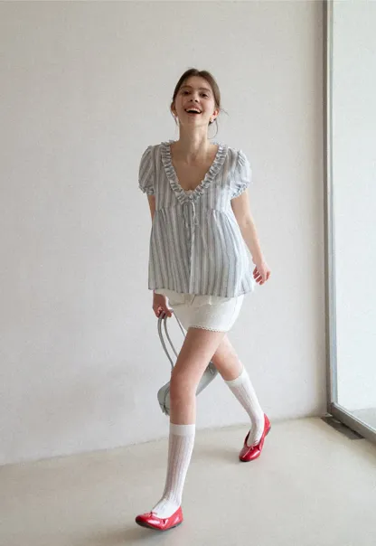 Striped short sleeve blouse with ruffled V neck