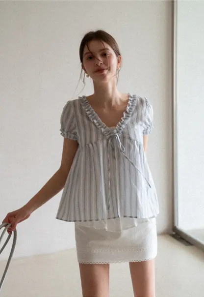 Striped short sleeve blouse with ruffled V neck