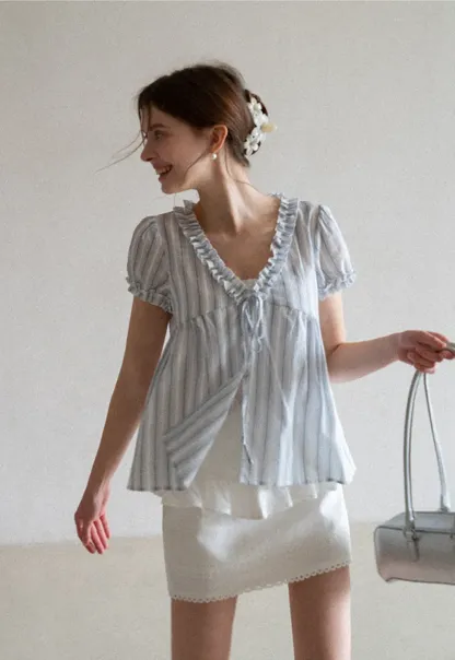 Striped short sleeve blouse with ruffled V neck