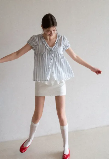 Striped short sleeve blouse with ruffled V neck