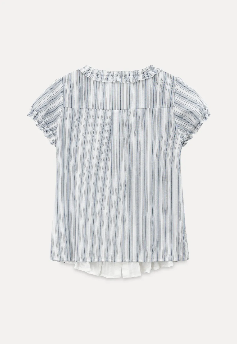 Striped short sleeve blouse with ruffled V neck