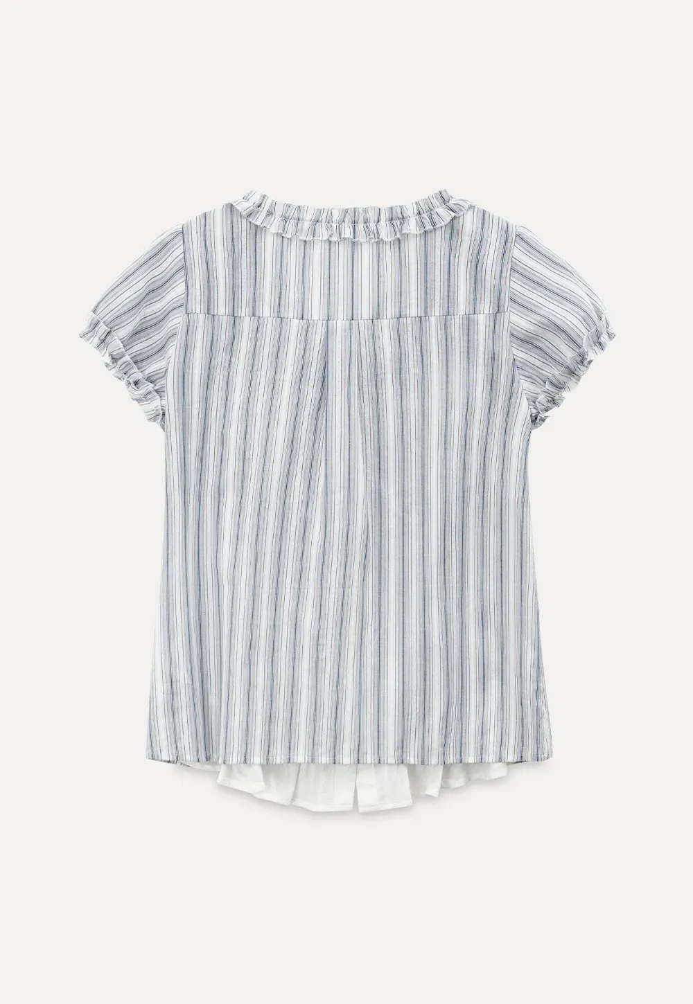 Striped short sleeve blouse with ruffled V neck
