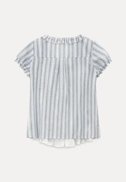 Striped short sleeve blouse with ruffled V neck