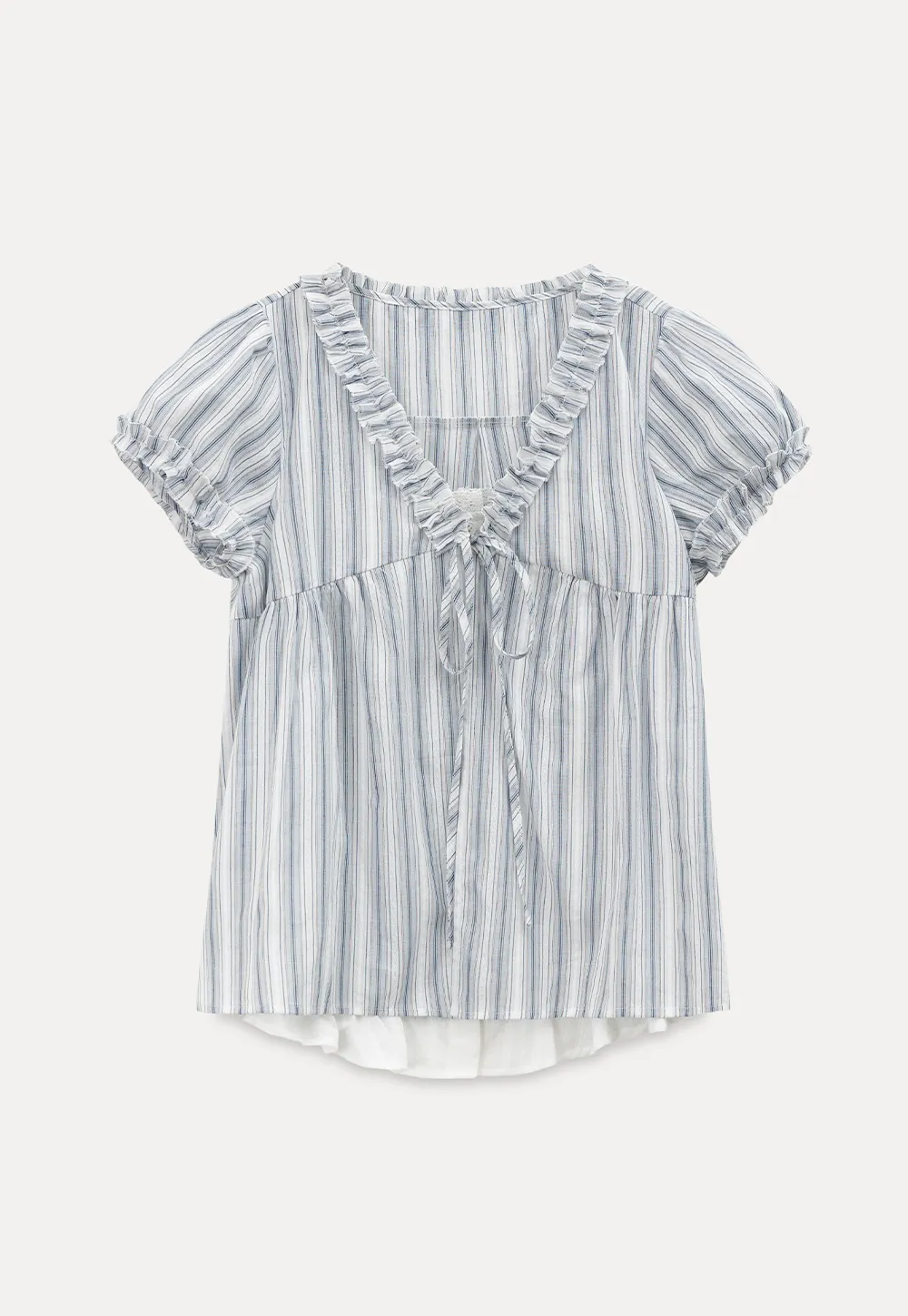 Striped short sleeve blouse with ruffled V neck