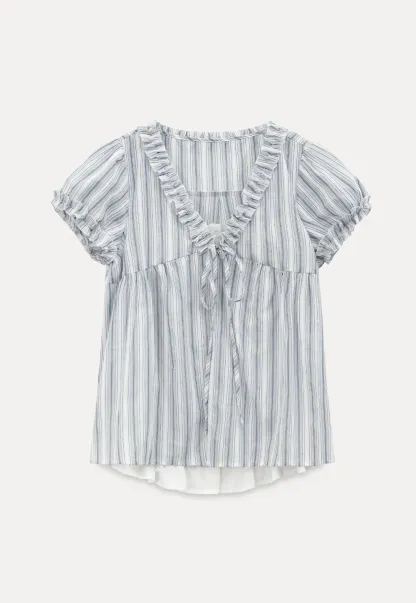 Striped short sleeve blouse with ruffled V neck