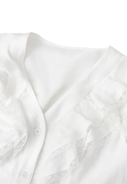 Ruffled Cap Sleeve V Neck Button Front Shirt