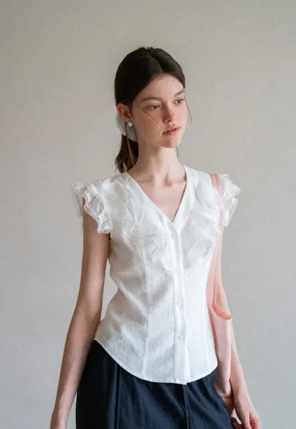 Ruffled Cap Sleeve V Neck Button Front Shirt