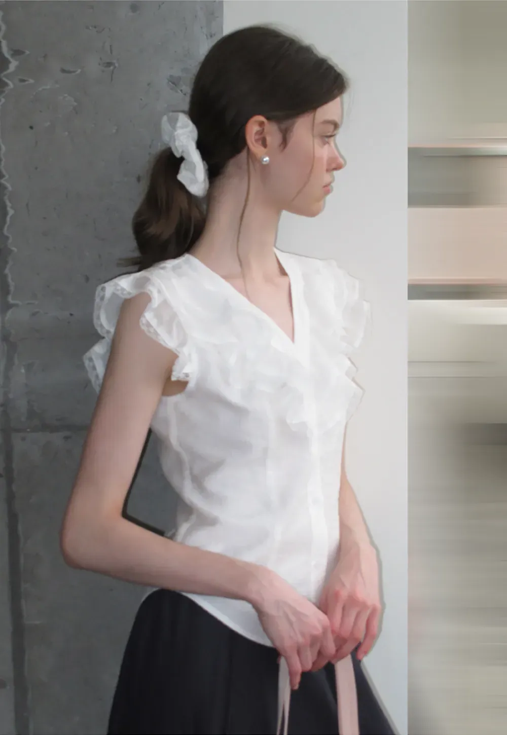 Ruffled Cap Sleeve V Neck Button Front Shirt
