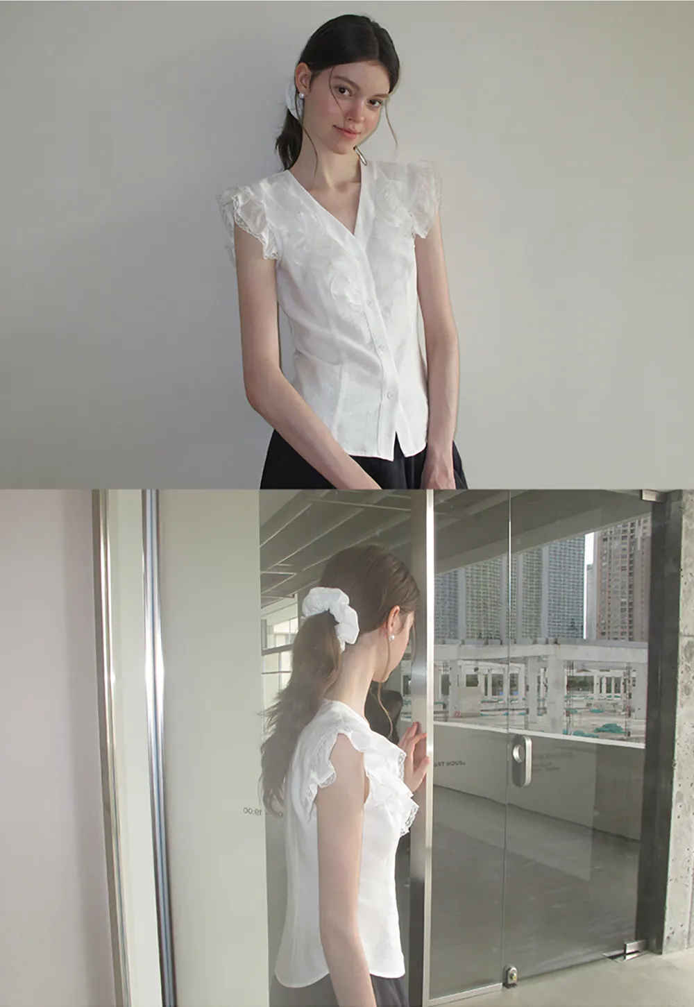 Ruffled Cap Sleeve V Neck Button Front Shirt