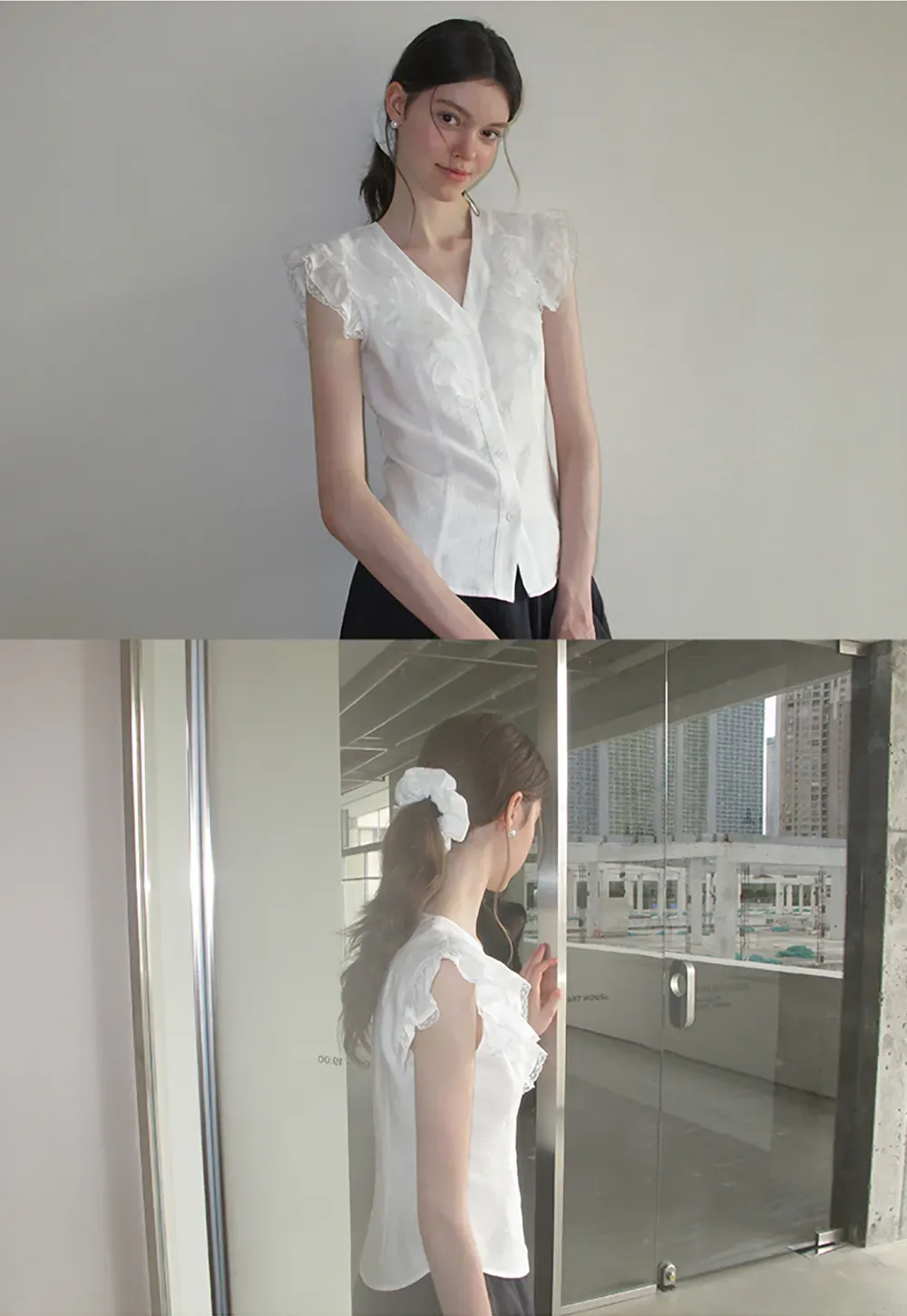 Ruffled Cap Sleeve V Neck Button Front Shirt