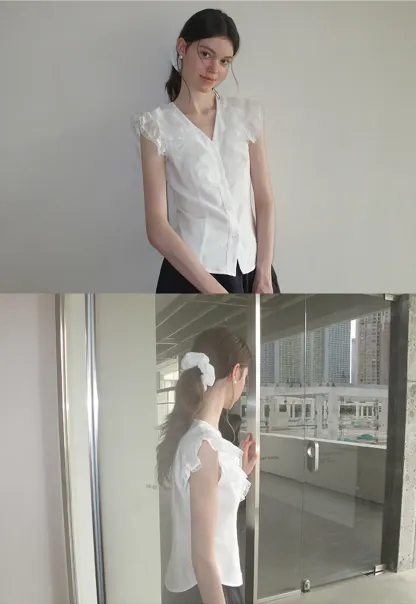 Ruffled Cap Sleeve V Neck Button Front Shirt