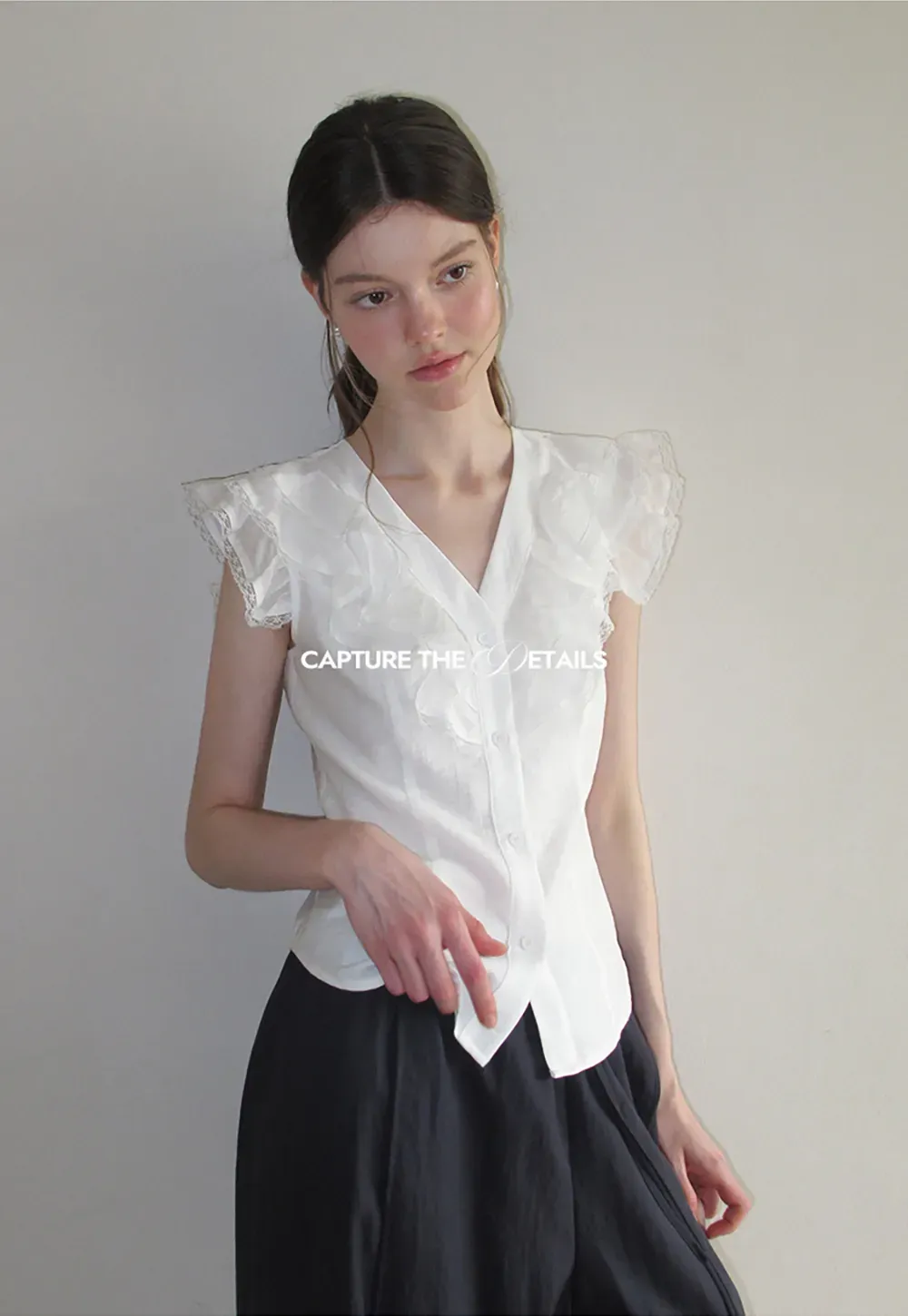 Ruffled Cap Sleeve V Neck Button Front Shirt