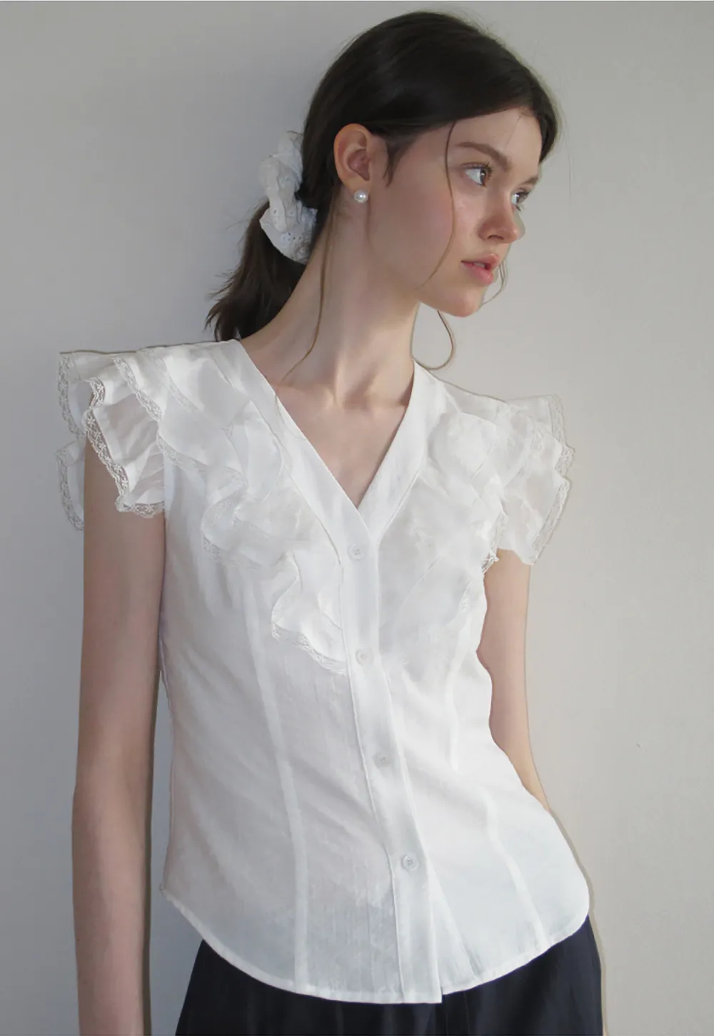 Ruffled Cap Sleeve V Neck Button Front Shirt