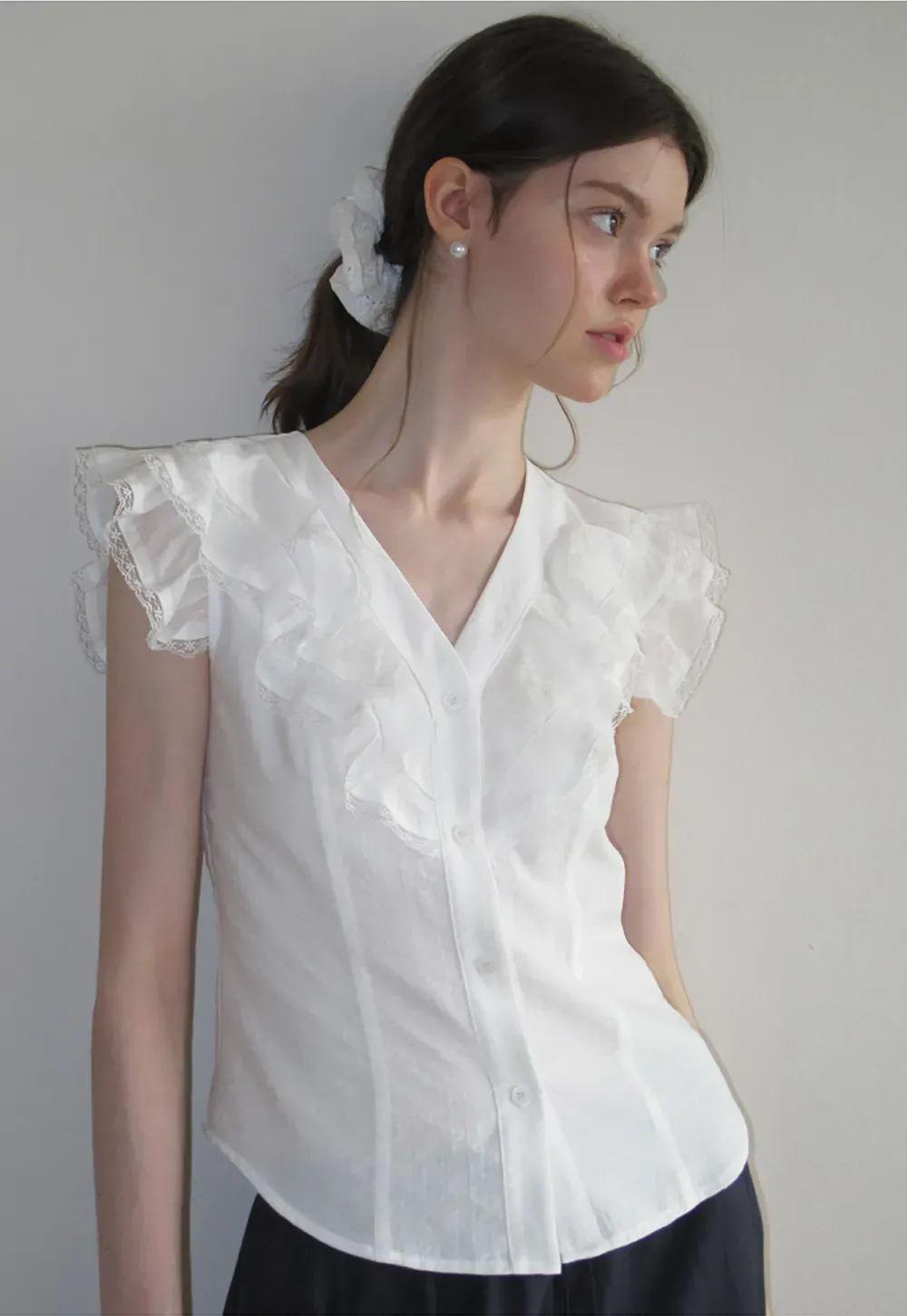 Ruffled Cap Sleeve V Neck Button Front Shirt