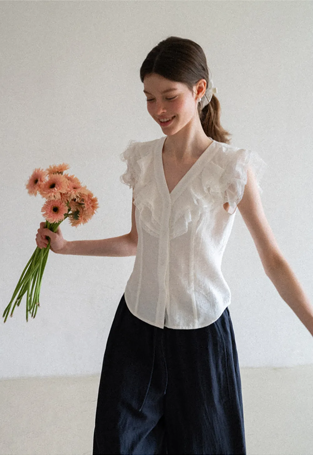 Ruffled Cap Sleeve V Neck Button Front Shirt