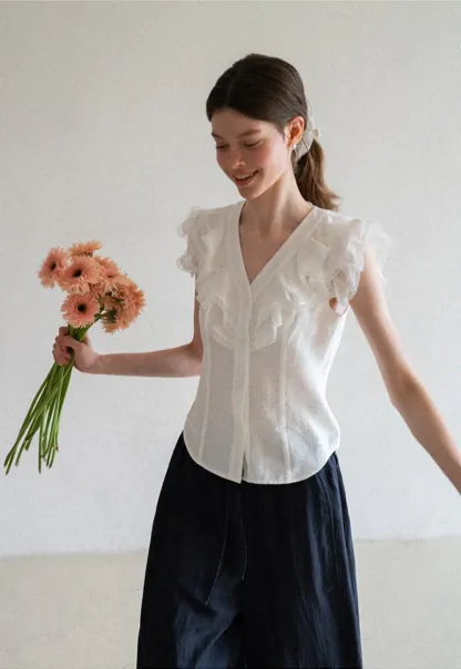 Ruffled Cap Sleeve V Neck Button Front Shirt