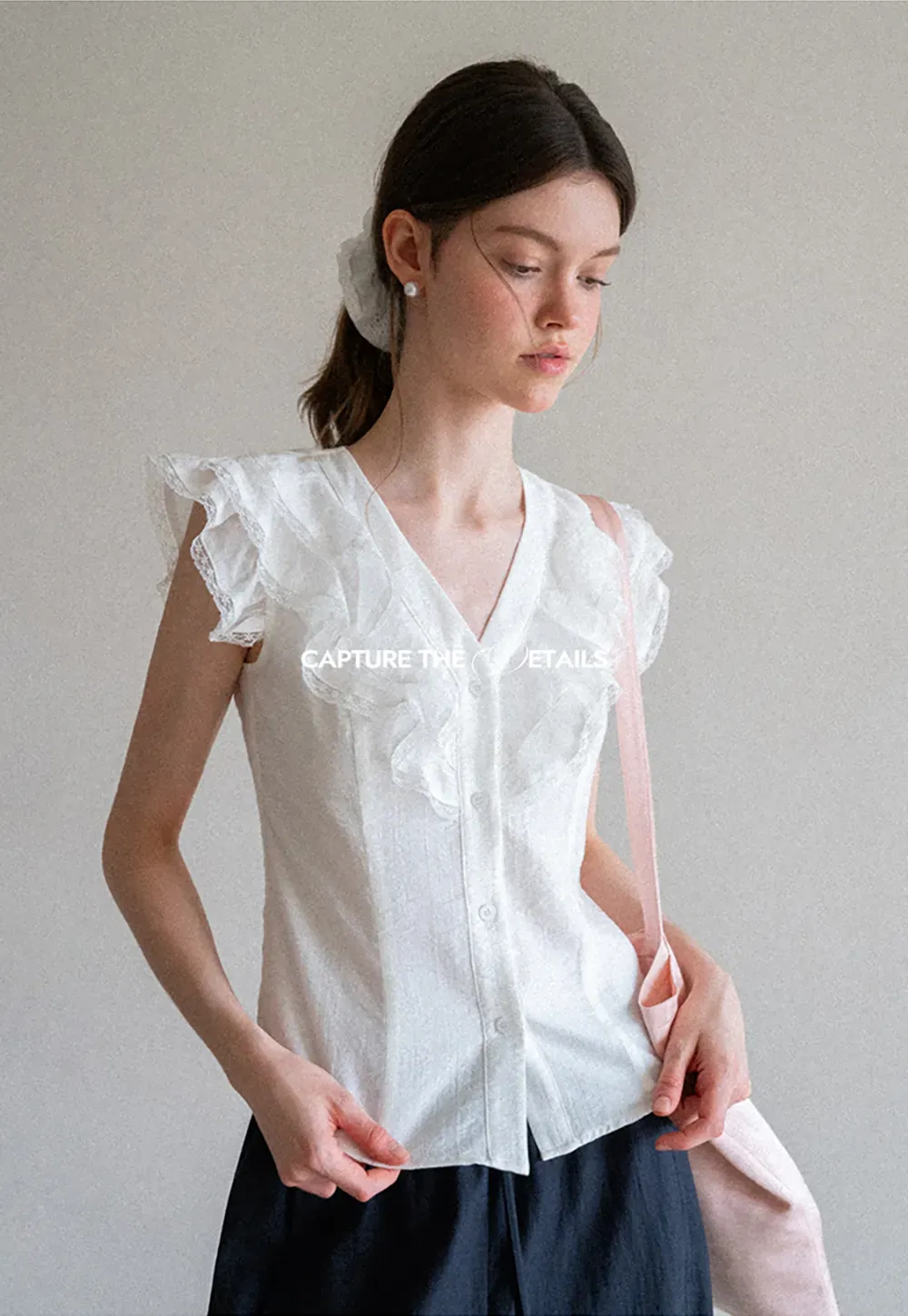Ruffled Cap Sleeve V Neck Button Front Shirt