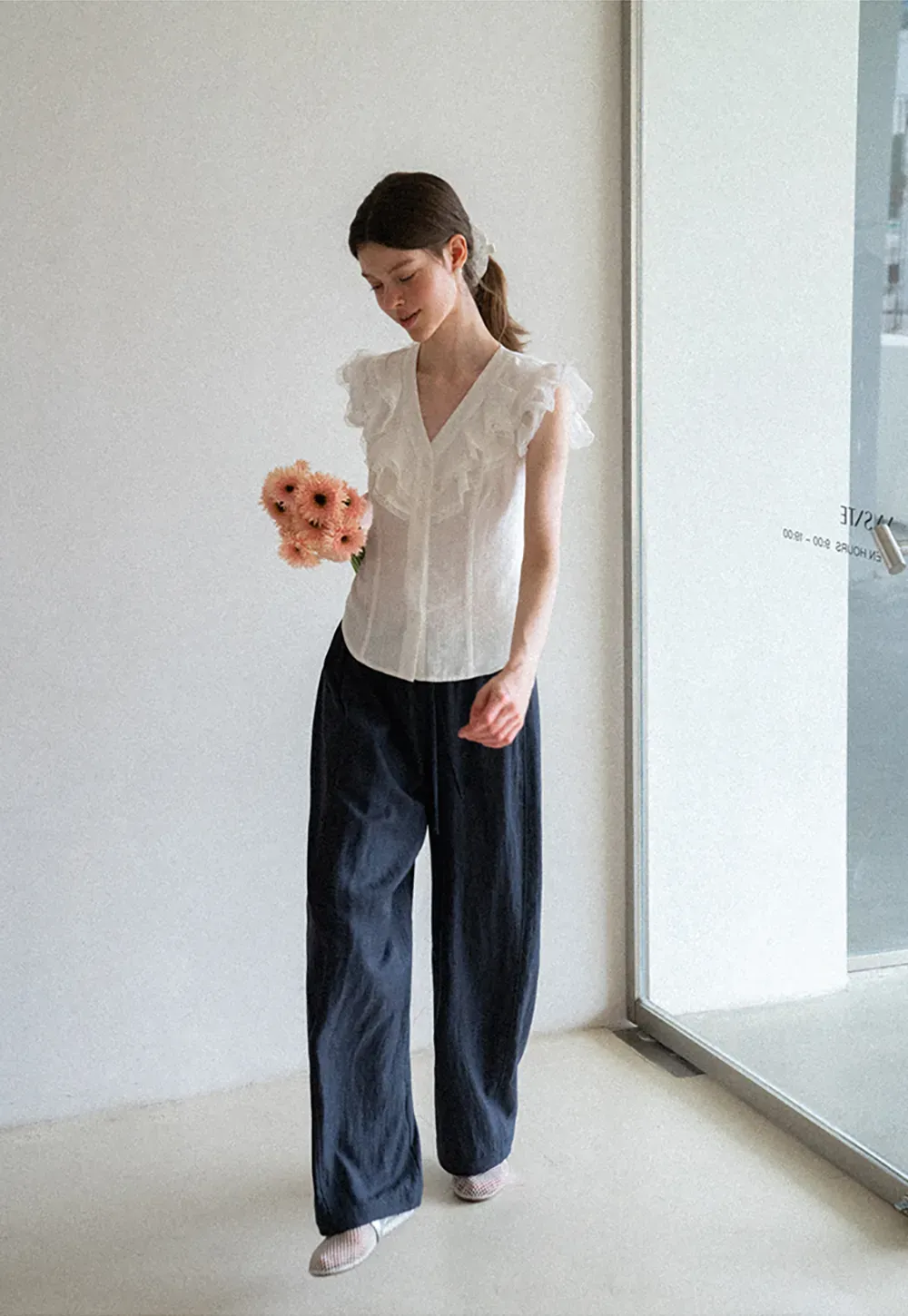 Ruffled Cap Sleeve V Neck Button Front Shirt
