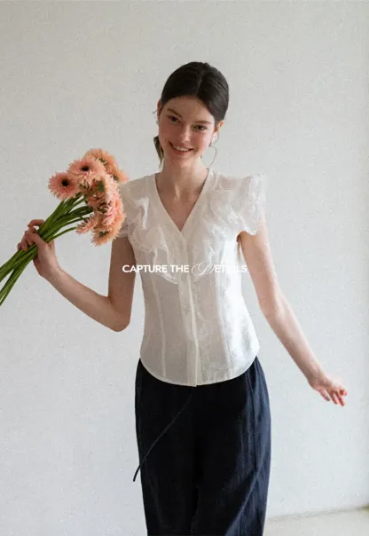 Ruffled Cap Sleeve V Neck Button Front Shirt