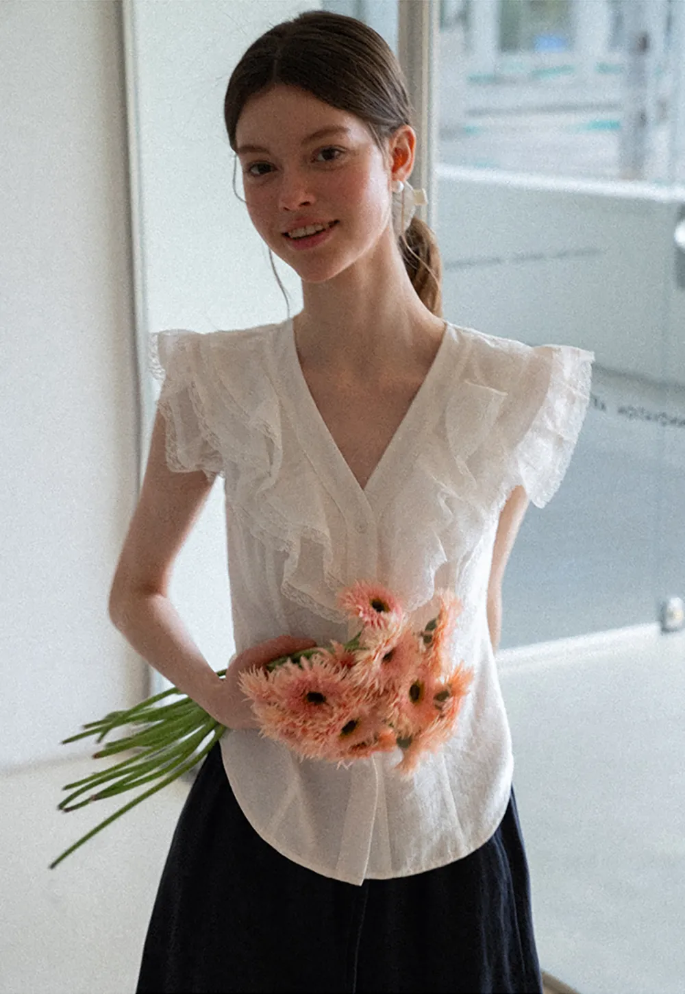 Ruffled Cap Sleeve V Neck Button Front Shirt
