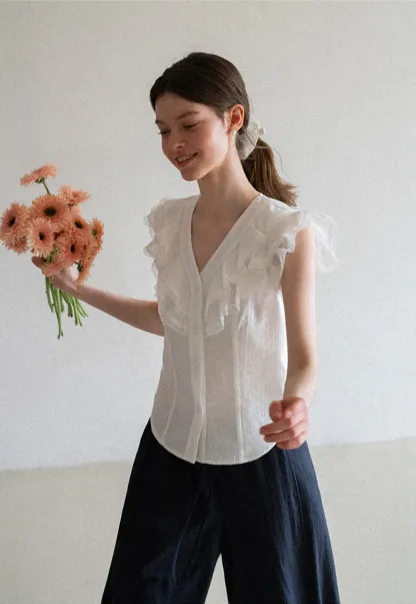 Ruffled Cap Sleeve V Neck Button Front Shirt
