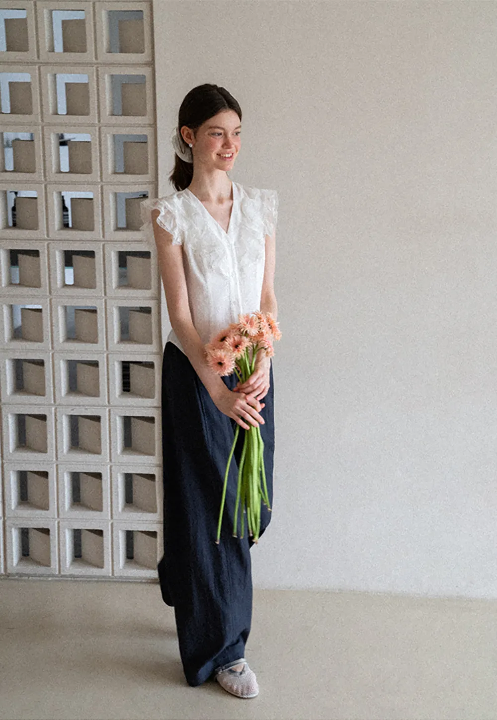 Ruffled Cap Sleeve V Neck Button Front Shirt