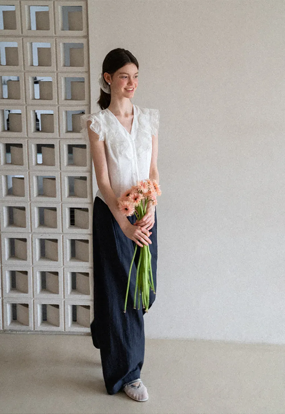 Ruffled Cap Sleeve V Neck Button Front Shirt