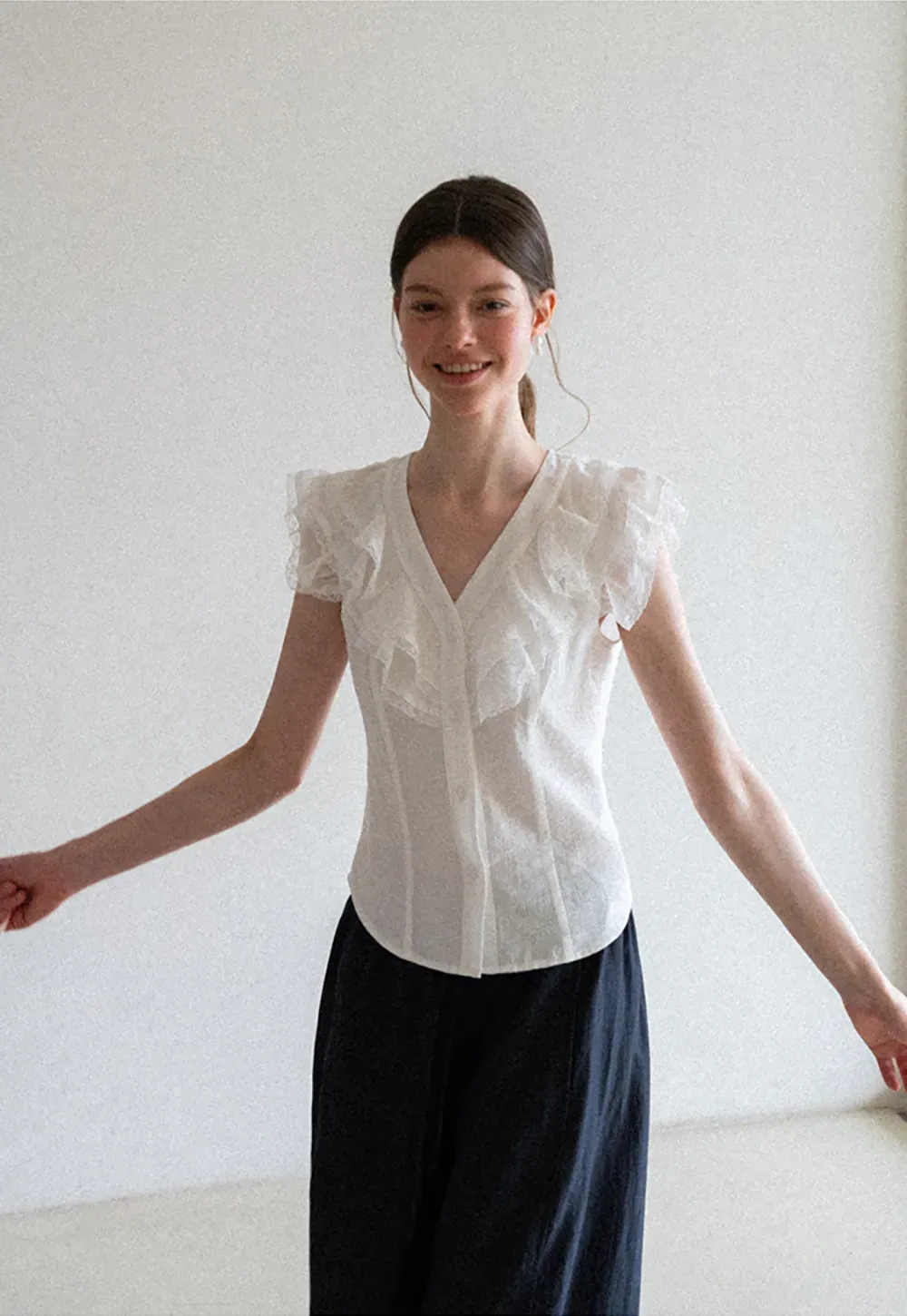 Ruffled Cap Sleeve V Neck Button Front Shirt