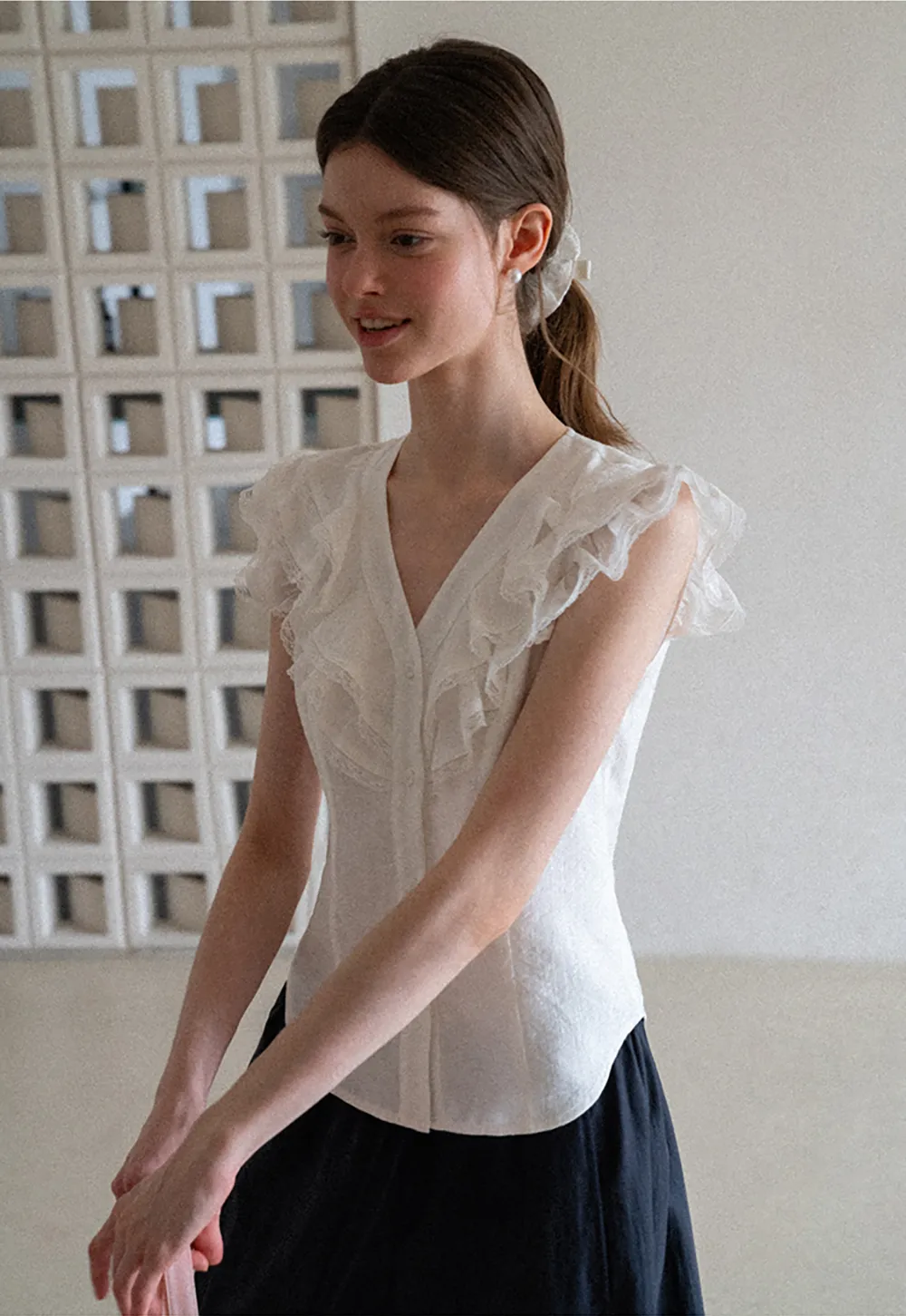 Ruffled Cap Sleeve V Neck Button Front Shirt