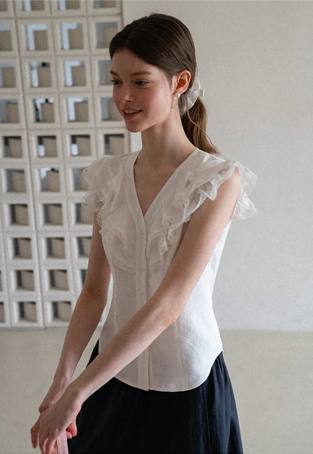 Ruffled Cap Sleeve V Neck Button Front Shirt
