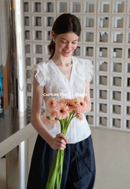Ruffled Cap Sleeve V Neck Button Front Shirt
