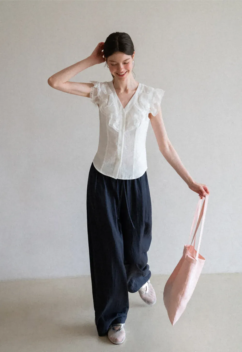 Ruffled Cap Sleeve V Neck Button Front Shirt