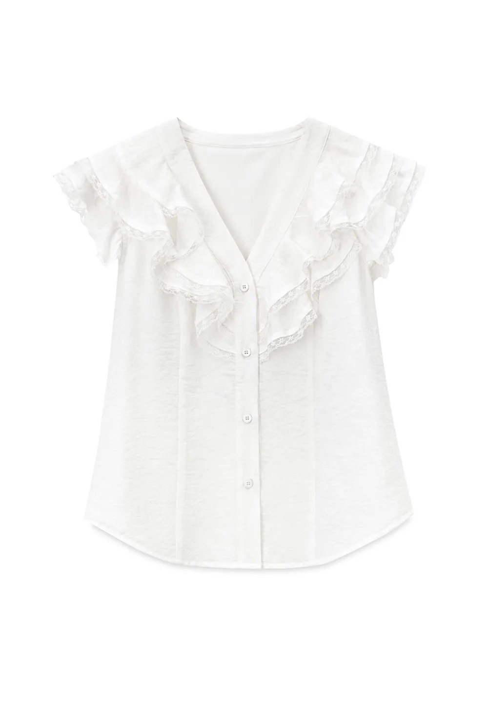 Ruffled Cap Sleeve V Neck Button Front Shirt