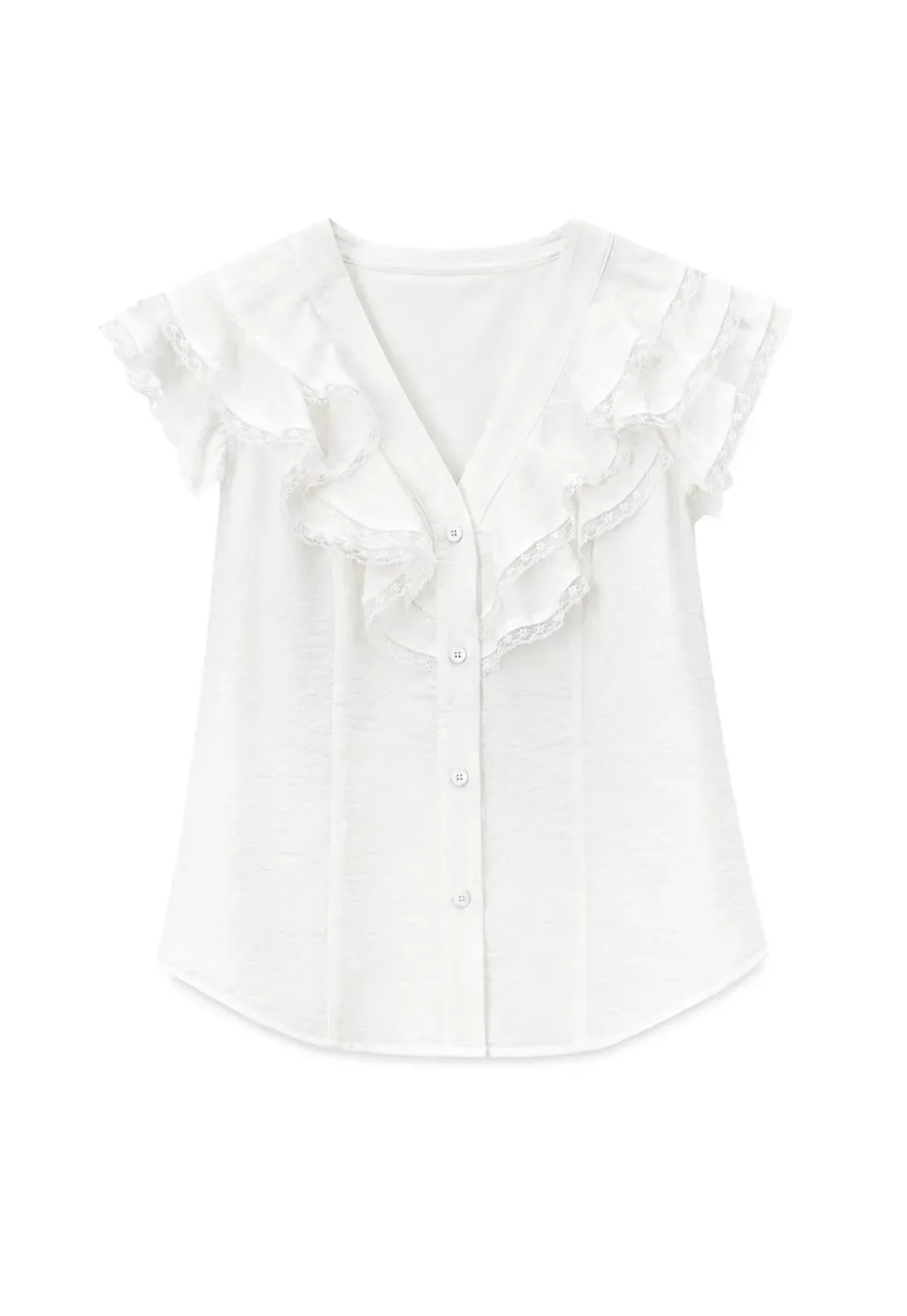 Ruffled Cap Sleeve V Neck Button Front Shirt