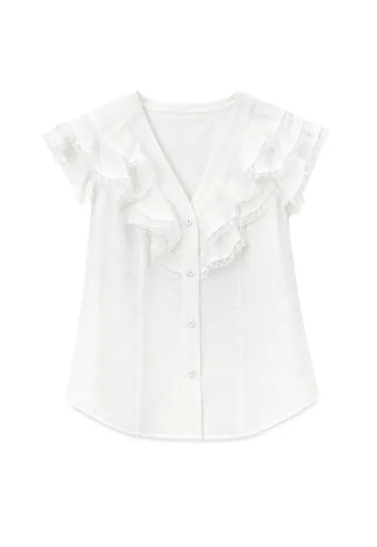 Ruffled Cap Sleeve V Neck Button Front Shirt